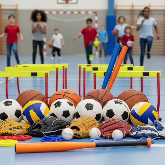 Sporting equipment, scoreboards, cricket nets.